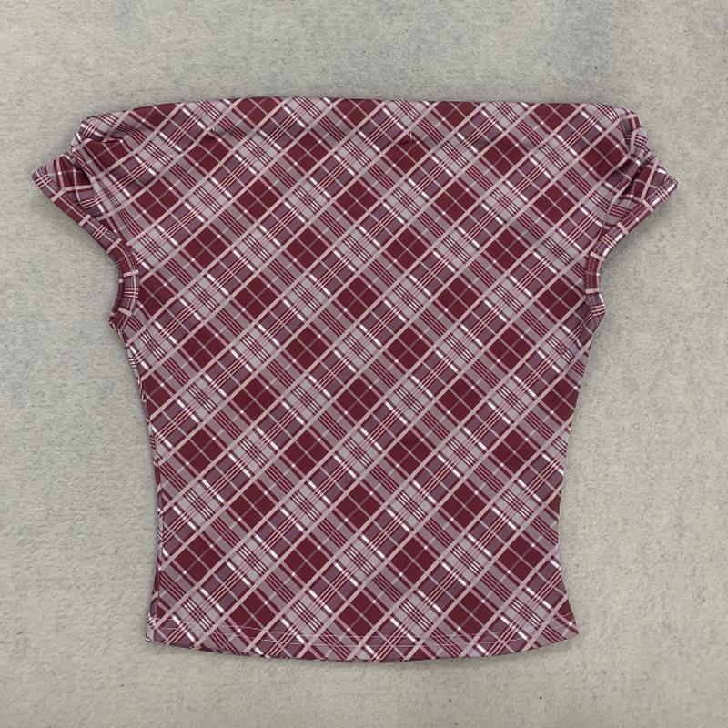 Red and white checkered slanted shoulder short retro spicy girl style one line off shoulder slim fit T-shirt