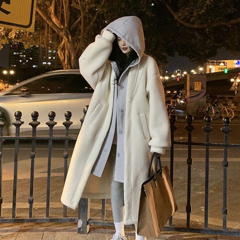 Women Hooded Coat Fake Two Pieces Spring Korean Long Sleeves Lamb Causal Midi Jacket Women Single Breasted Outwears