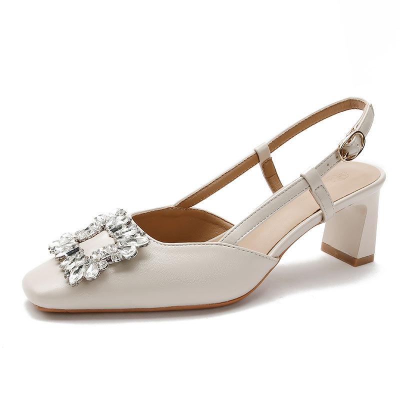 Baotou sandals women's 2025 new summer diamond buckle square head high heels French word with empty thick heel single shoes