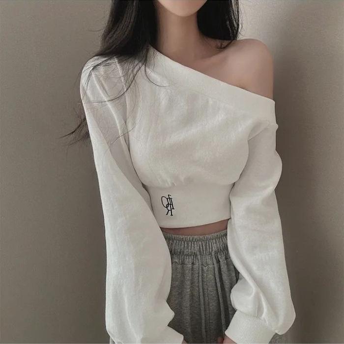 Korean-Style Irregular One-Shoulder Cropped Hoodie for Women