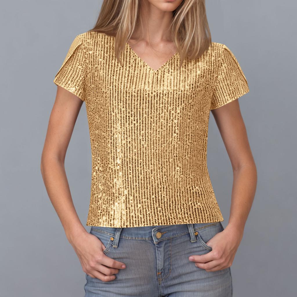 Women's Sequined Beaded V-neck Short-sleeved T-shirt