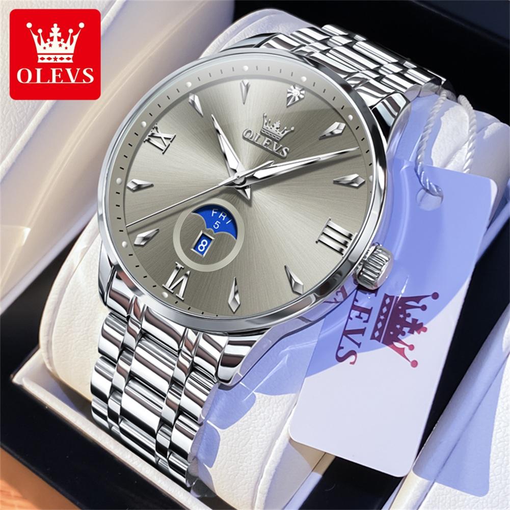 OLEVS 3646 Men's Watches Silver Solid Steel Strap Week Calendar Display Minimalist Luxury Original Quartz Wrist Watches for Man