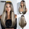 FREEDOM Straight Synthetic Lace Front Wigs For Women 24 Inches Long Lace Wig With Bangs Ombre Brown Blonde Highlight Cosplay Wig