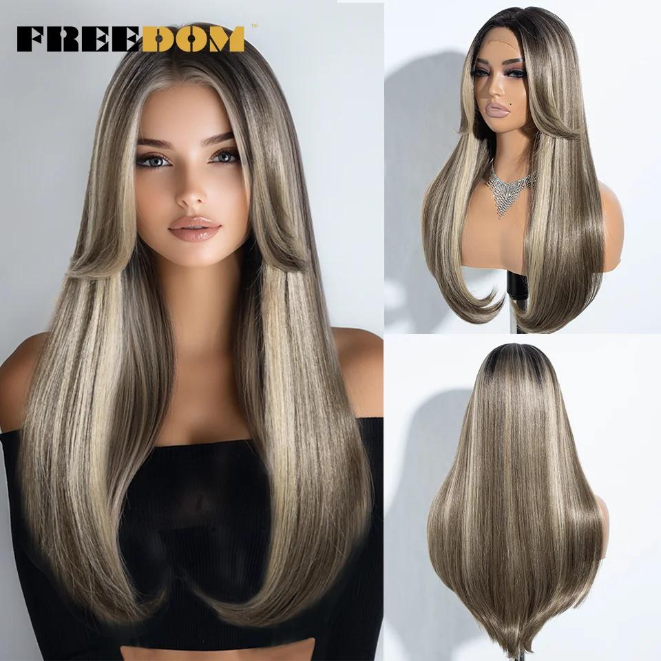 

FREEDOM Straight Synthetic Lace Front Wigs For Women 24 Inches Long Lace Wig With Bangs Ombre Brown Blonde Highlight Cosplay Wig (as the picture,26inches)