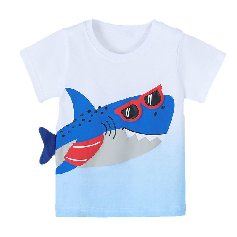 New Summer Collection: Boys’ T-shirts, Round-neck Children’s Short-sleeved T-shirts, Knitted Cotton Children’s Sweatshirts with Shark Print