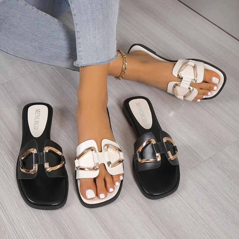 Fashion Luxury Women Slippers Buckle Design Small Incense Style Casual Wome's Flat Sandals External Wear Summer Sandy Beach Woman Slides