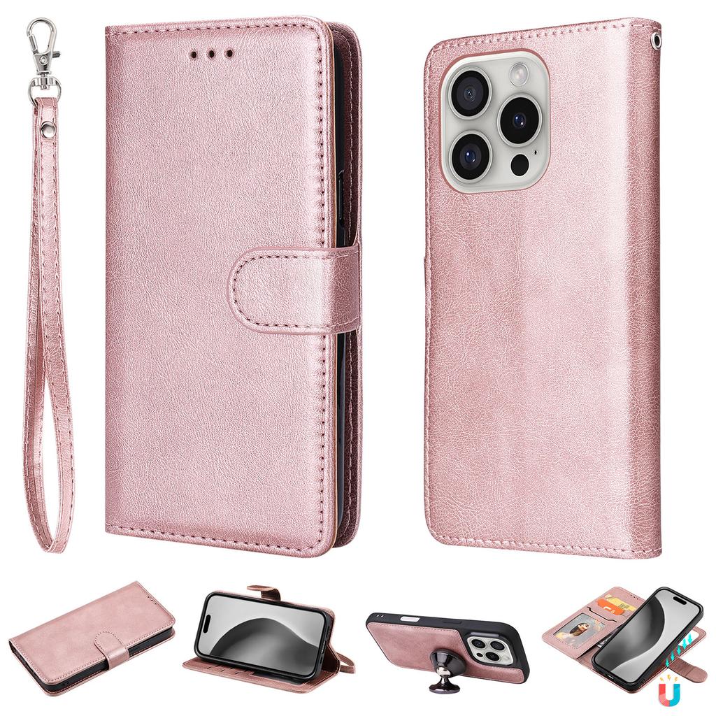For iPhone 16 Pro Case 2 in 1 Detachable Magnetic Leather Wallet Mobile Cover with Strap