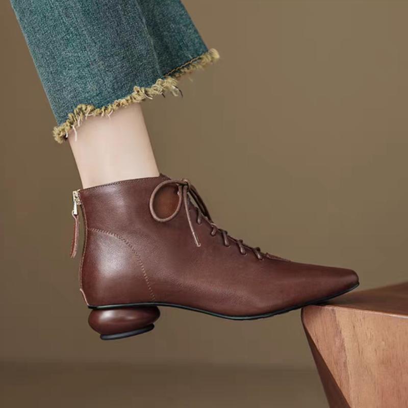 Women's Cow Leather Round Toe Lace-up Back Zip Autumn Ankle Boots High Quality Soft Comfortable Casual Female Short Boots Shoes