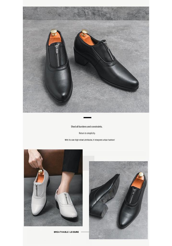 Men's Trendy High-Heeled Leather Shoes for Weddings and Banquets - Size 37, Zipper, Hairdresser Style