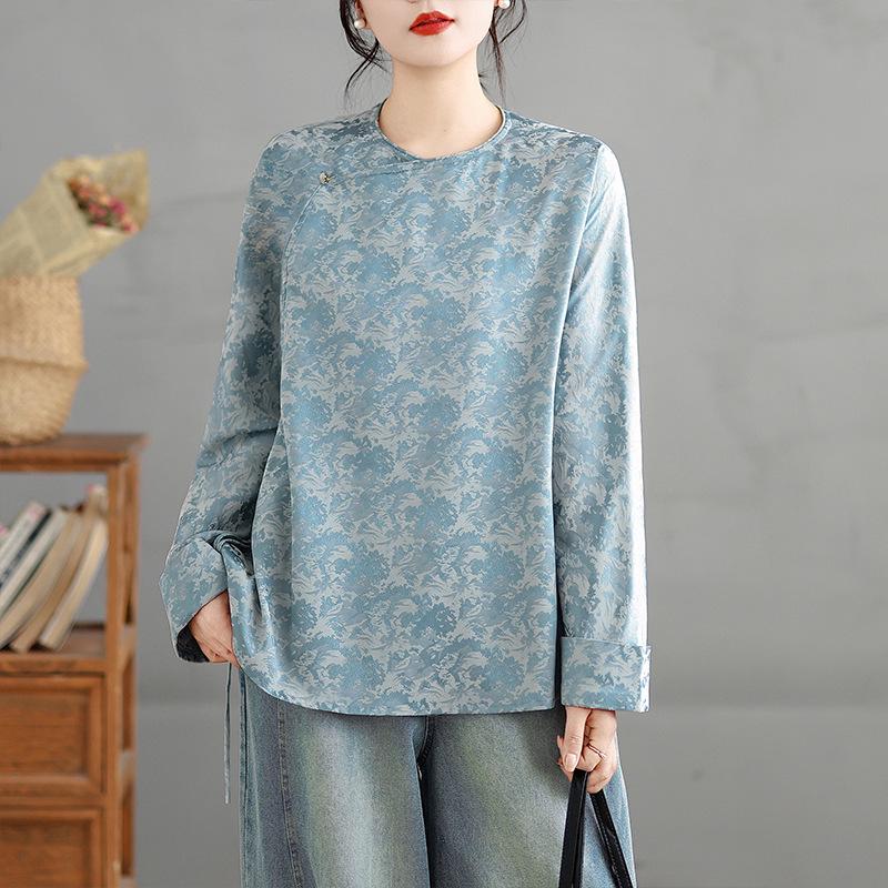 Sky Blue Silk Jacquard Women s Shirt - 2026 Early Spring Chinese Style L светло-синий