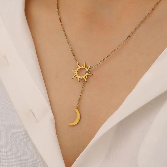 Sun And Moon Necklace for Women Plated Y Necklace Stainless Steel Hypoallergenic
