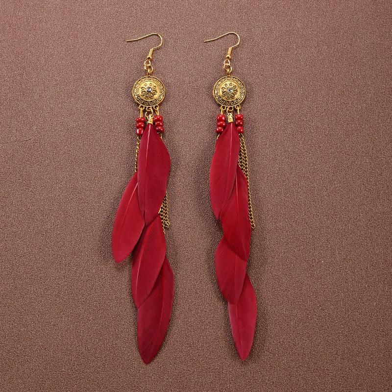 Bohemian Ethnic Long Feather Earrings For Women Retro Elegant Colorful Rhinestone Crystal Drop Earring Female Jewelry Pendientes