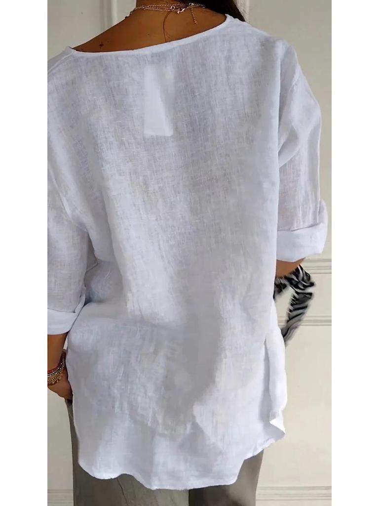 2025 Summer Women's V-neck Cotton Linen Loose Fit T-shirt