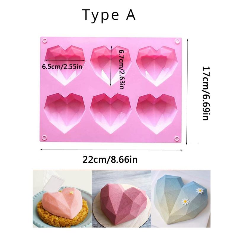 6-Cavity Diamond Heart Silicone Mold for Baking Non-Stick Valentines Day Chocolate Bomb Mold Heart Shaped Candy Soap Tray