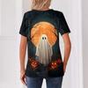 Women's Casual V Neck Button Front Halloween Print T Shirt Top with Three Quarter Sleeves Lightweight Comfortable Fit