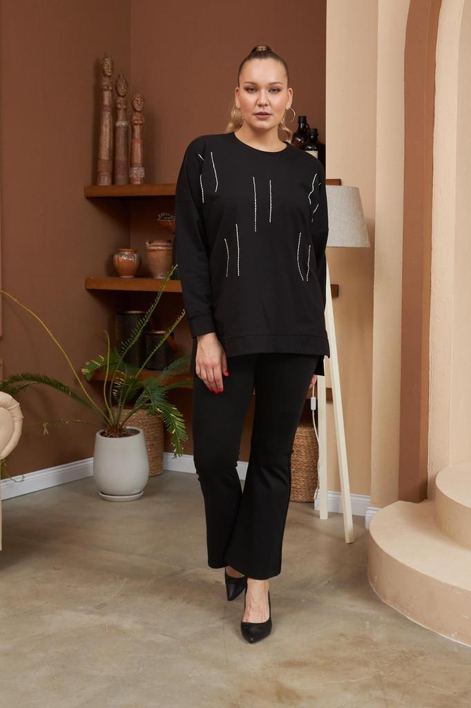 Damen Stil Übergröße Sweatshirt Stein Detailliert Schlitz Übergröße Schwarzes Sweatshirt