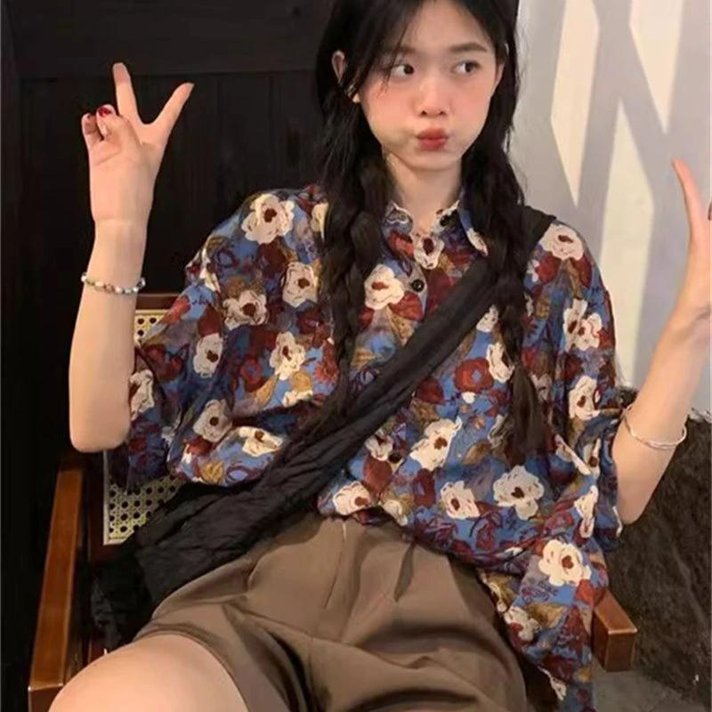 

Женская рубашка с короткими рукавами в ретро-цветочном стиле, женские повседневные шикарные блузки, свободный однобортный женский топ с отложным воротником S