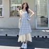 Holiday Style Lace-up Plaid Suspender Dress Women's Summer New Fake Two-piece Contrasting Color Splicing Temperament A-word Long Dress