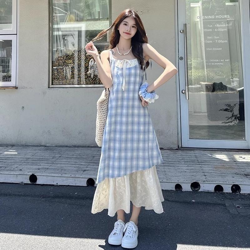 Holiday style lace-up plaid suspender dress women's summer new fake two-piece contrasting color splicing temperament A-word long dress