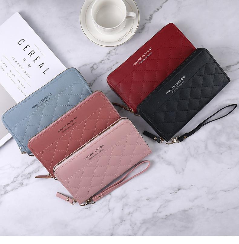 New Korean Style Lady Long Zipper Wallet Solid Color Simple Diamond Card Holder Large Capacity Hand Clutch Bag