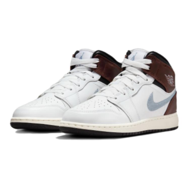 Air Jordan 1 Mid SE GS White Blue Grey Kids Sneakers Black Sail FQ8162-142