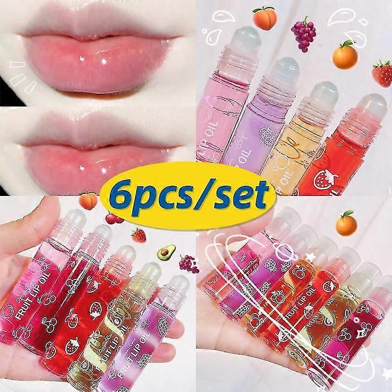 6pcs/set Transparent Hydrating Lip Gloss Fruit Roll-on Balm Makeup Primer Moisturizing Clear Lip Oil Long Lasting