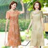2026 Chinese National Style Chiffon Dress: Elegant Floral Print Summer Dress for Middle-aged Women