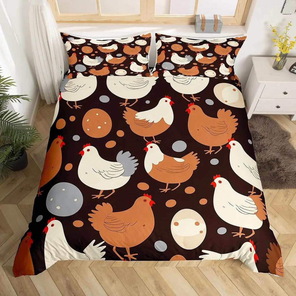 Cute Chicken Duvet Cover King Queen Colorful Rooster Bedding Collection Farm Animal Comforter Cover Funny Rustic Farmhouse Quilt Cover
