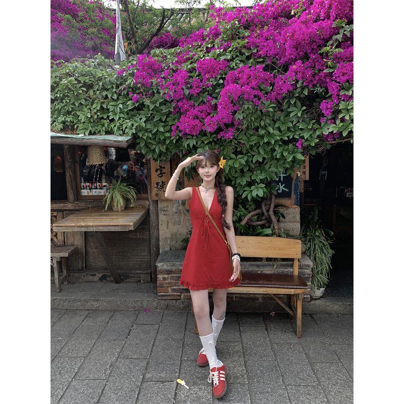 

Kumikumi Sweet Style Retro Red Vest Dress Women Summer French style Wooden Ear Waist Hugging Slimming Short dress Red skirt L