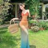Holiday Vacation Wind Dopamine Beautiful Island Vacation Atmosphere Gradual Change Color Sunset Tie Dye Mesh Suspender Dress