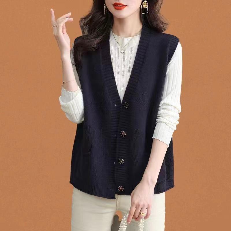 WTEMPO V-neck Knitted Buttons Vests Sleeveless Knitwear Coats Women's Autumn Winter Solid Color Casual Sweaters