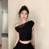 French Lace Off-shoulder Waist and Thin T-shirt Women's Summer New Design Sense Chic Pleated Niche Short Top