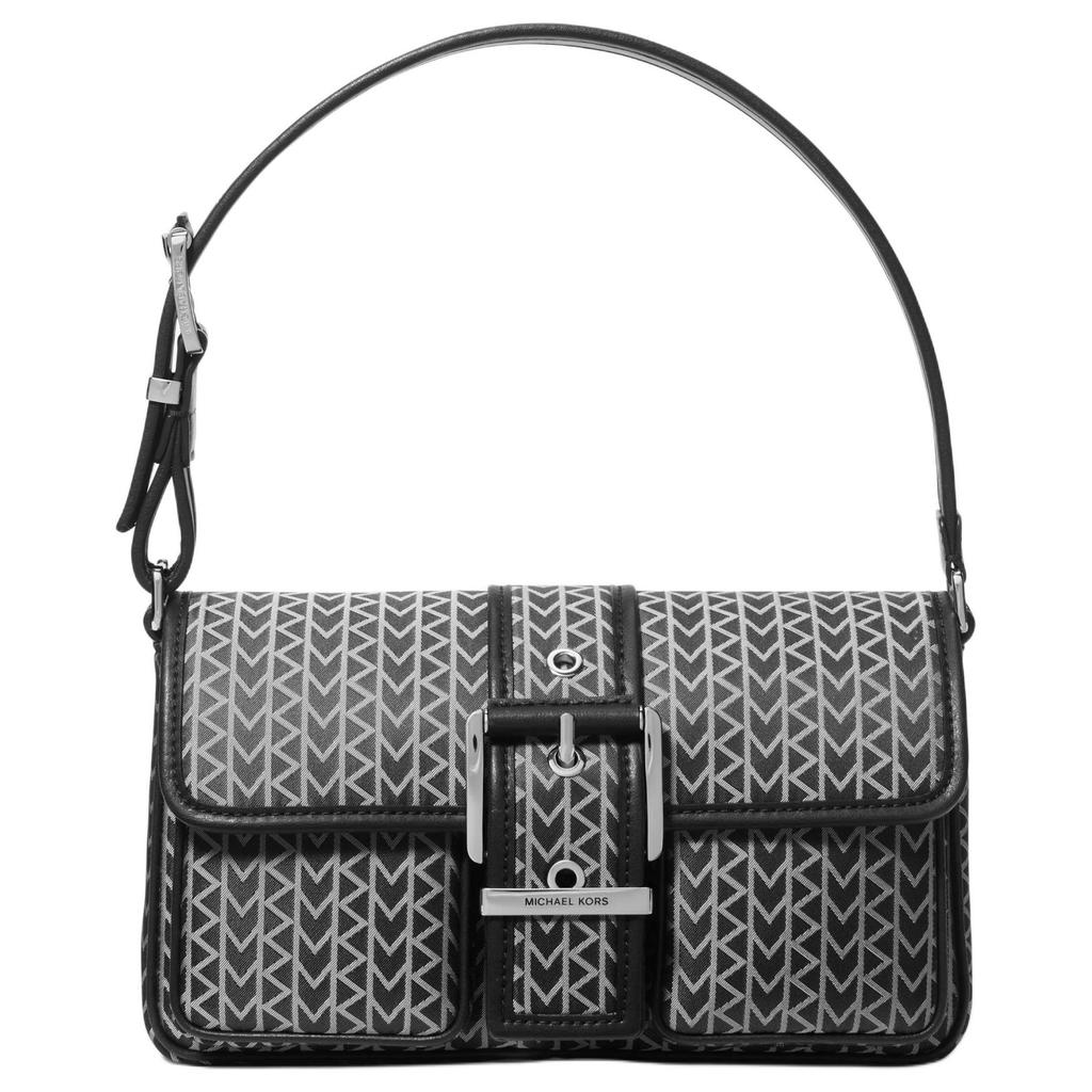 Michael Kors MK Colby Two-Tone New Logo Print Design Fabric Shoulder Bag Medium Women Shoulder Bag Black White 30T5SBAL8J-BLACK