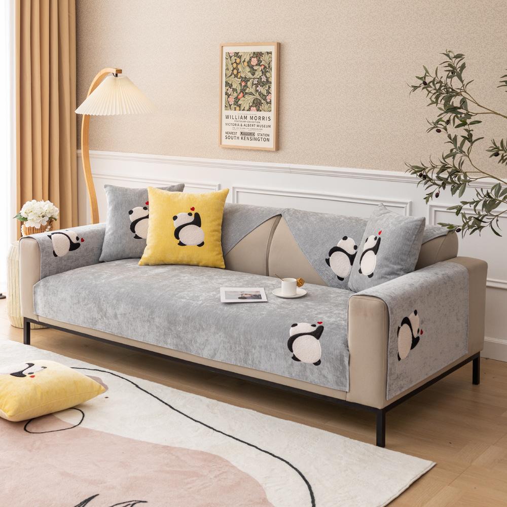 Cartoon Panda Sofabezüge Luxus Chenille Universal Rutschfest Leder Sofakissen Möbelschutz Wohnzimmer Überwürfe