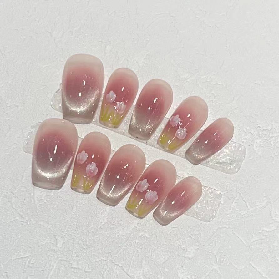 Wearing Argent Summer Fresh Cat Eye French Blush Tulip Wearable Manicure Removable Nail Plate