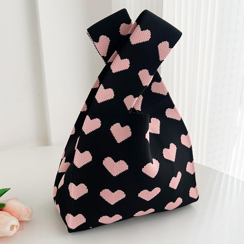 New Heart Pattern Knit Handbags Women Handmade Knot Wrist Bag Casual Small Tote Bag Girls Reusable Shopping Bags ARI