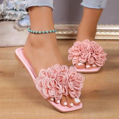 Women Flower Flat Slippers Casual Walking Shoes Female Summer Dress Sandals Outdoor Pink Shallow