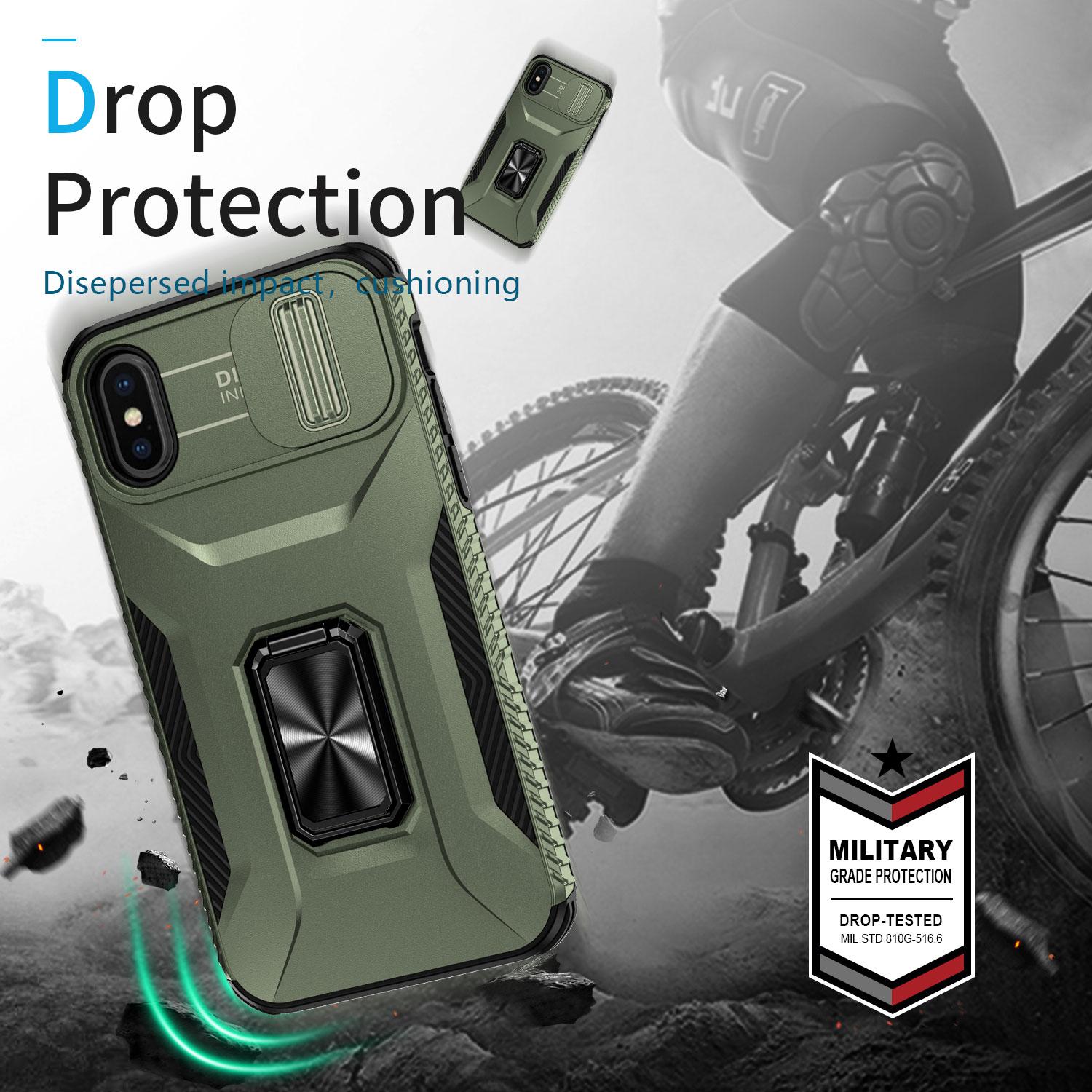 

For iPhone X/XS Case with Camera Cover Slider,PC+TPU Armour Phone Shell Green