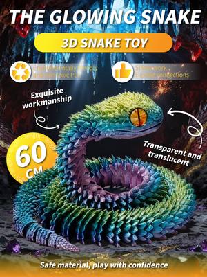 60CM Glowing 3D Snake Toy: Flexible Translucent PLA Reptile Figure for Kids & Collectors