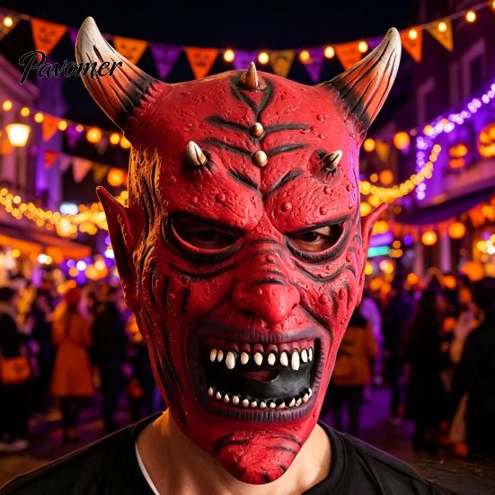 Comfortable Horror Props for Adults Red Devil Masque, Scary Demon Full Face Masque with Halloween Horn, Adult Latex Cosplay Costume Halloween, Haunted