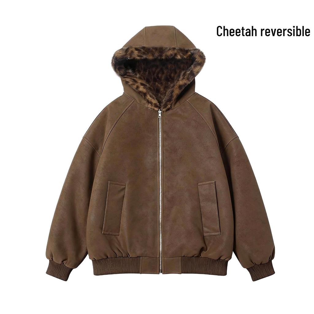 Unisex Reversible Retro Leopard Print Fleece-Lined PU Leather Jacket