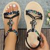 Fashion 2025 Summer Beach Bohemian Sandals Women Black Floral Beaded Plus Size 43 Flat Heels Shoes Woman Non-Slip Slides Sandalias Mujer