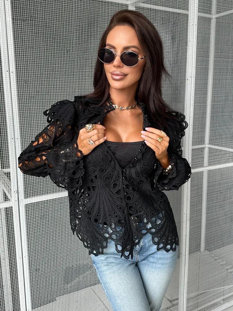 Retro Shirt For Women, Design Sense, Hollow Ruffled Long Sleeves, Temperament, Fashionable Stand Collar Shirt