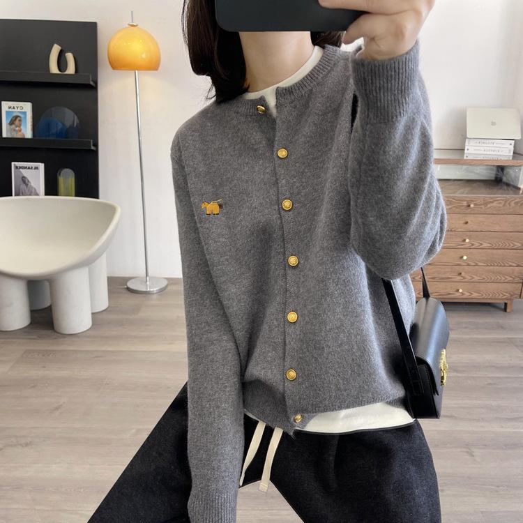 2024 Spring Women's Wool Cardigan - Round Neck with Little Horse Embroidery.