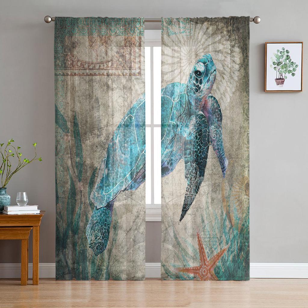 Sea Turtle Ocean Creature Landscape Sheer Voile Curtains For Living Room Bedroom Transparent Tulle Curtains Window Drapes