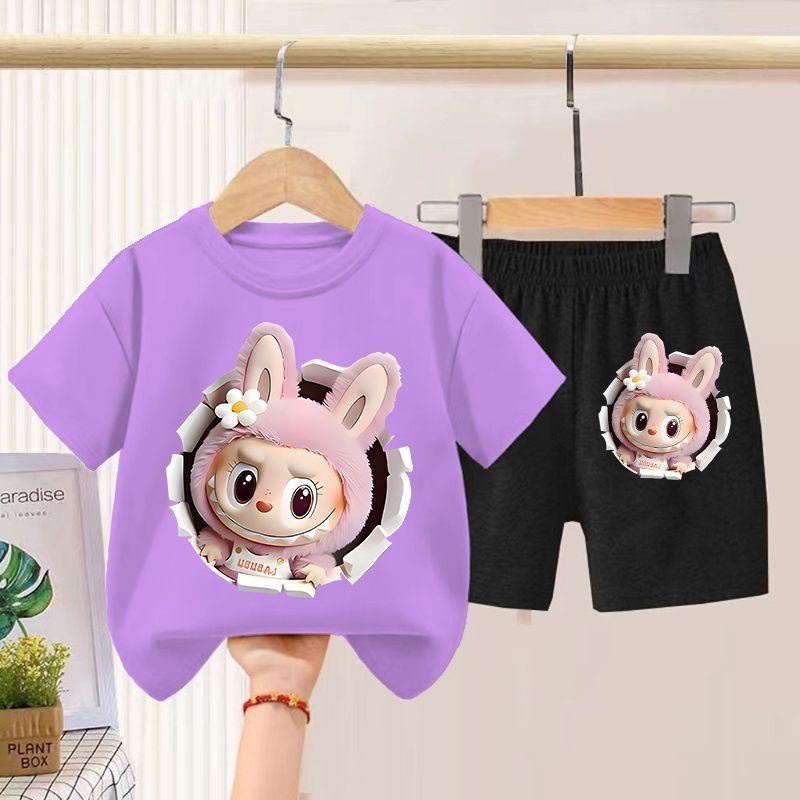 Children's LBB Short-sleeved Two-piece Set, Summer Boys' and Girls' Thin Pure Cotton T-shirt and Shorts Set