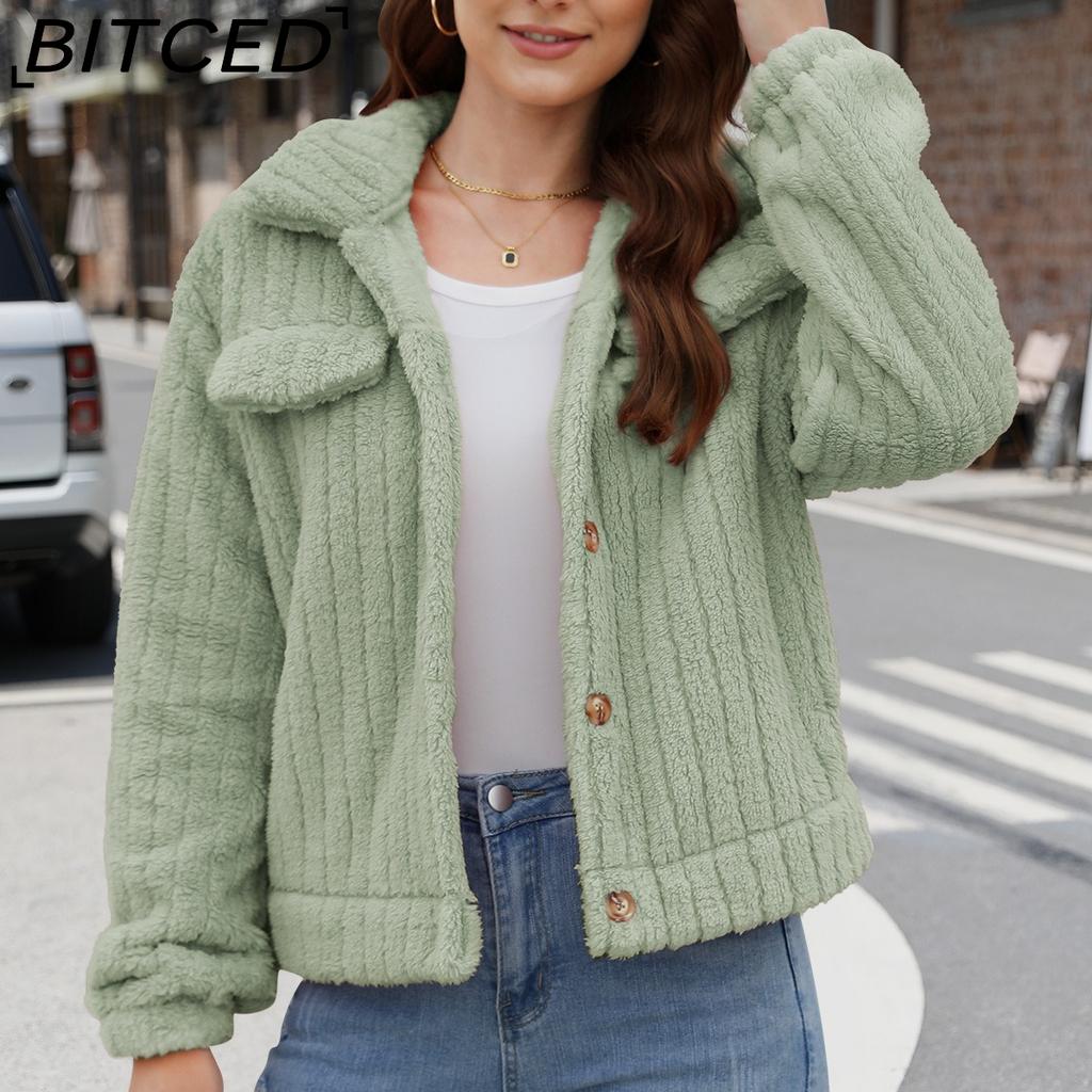 BITCED Women's Fall/Winter Ribbed Fleece Cardigan with Collar, Short-Length Jacket