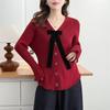 2026 Spring Plus Size Women's Knit Bow Cardigan - V-Neck Long Sleeve Coco Style Jacket