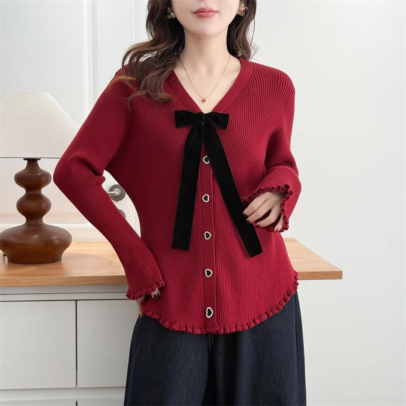 2026 Spring Plus Size Women's Knit Bow Cardigan - V-Neck Long Sleeve Coco Style Jacket