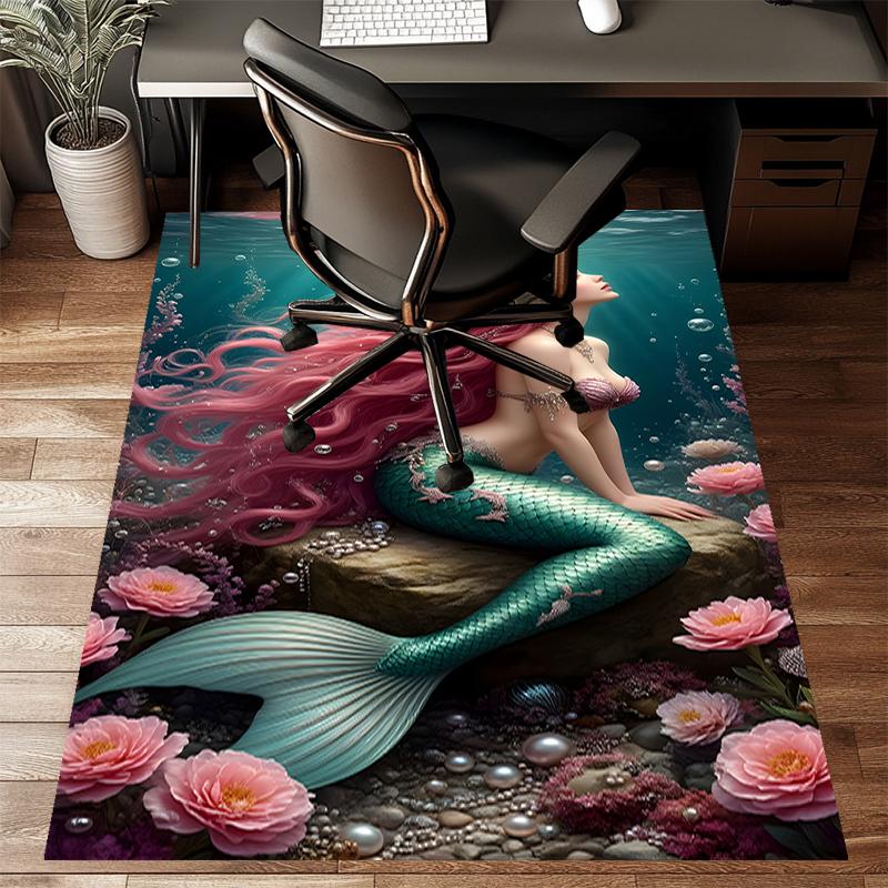 Mermaid Polyester Carpet, Soft Indoor Mat for Office Chair, Living Room, Computer Desk - Decorative Home Office Rug Design